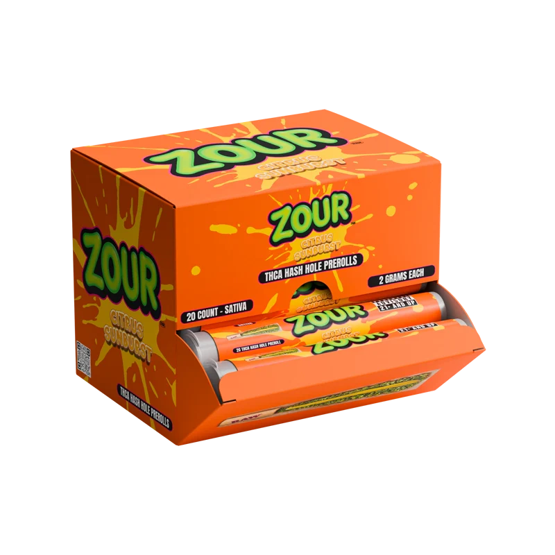 Zour Stash THCa Citrus Sunburst Hash Hole Display Box with tube coming out of it