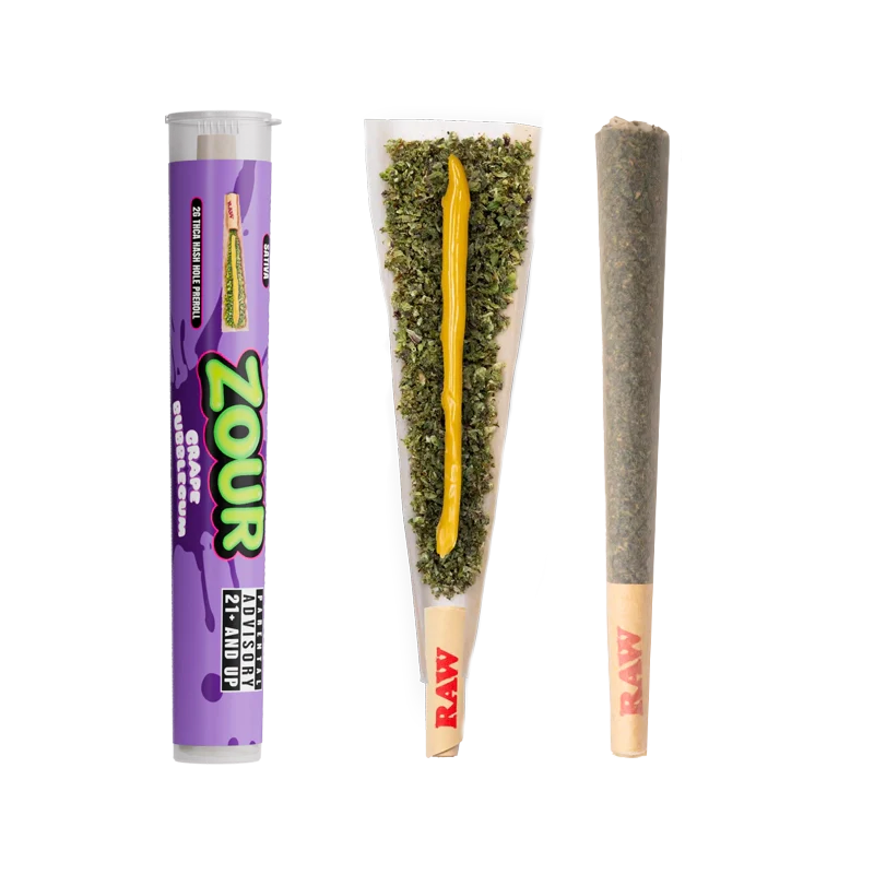 Zour Stash THCa Grape Bubblegum Hash Hole single pre-roll tube with an open pre-roll next to that showing its hash batter core and then an unadultered pre-roll next to that