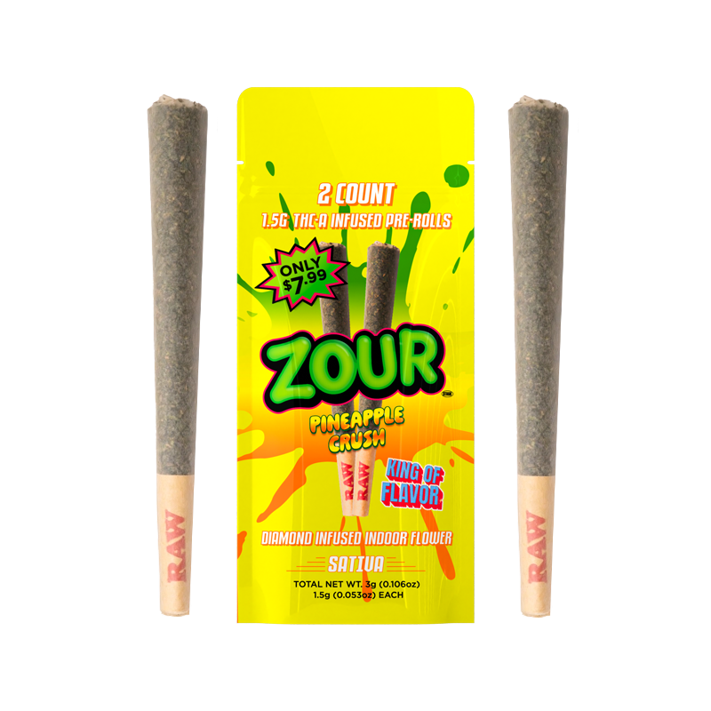 Zour Stash THCa Pineapple Crush 2-Pack Pre-Rolls mylar packaging with a pre-roll on either side