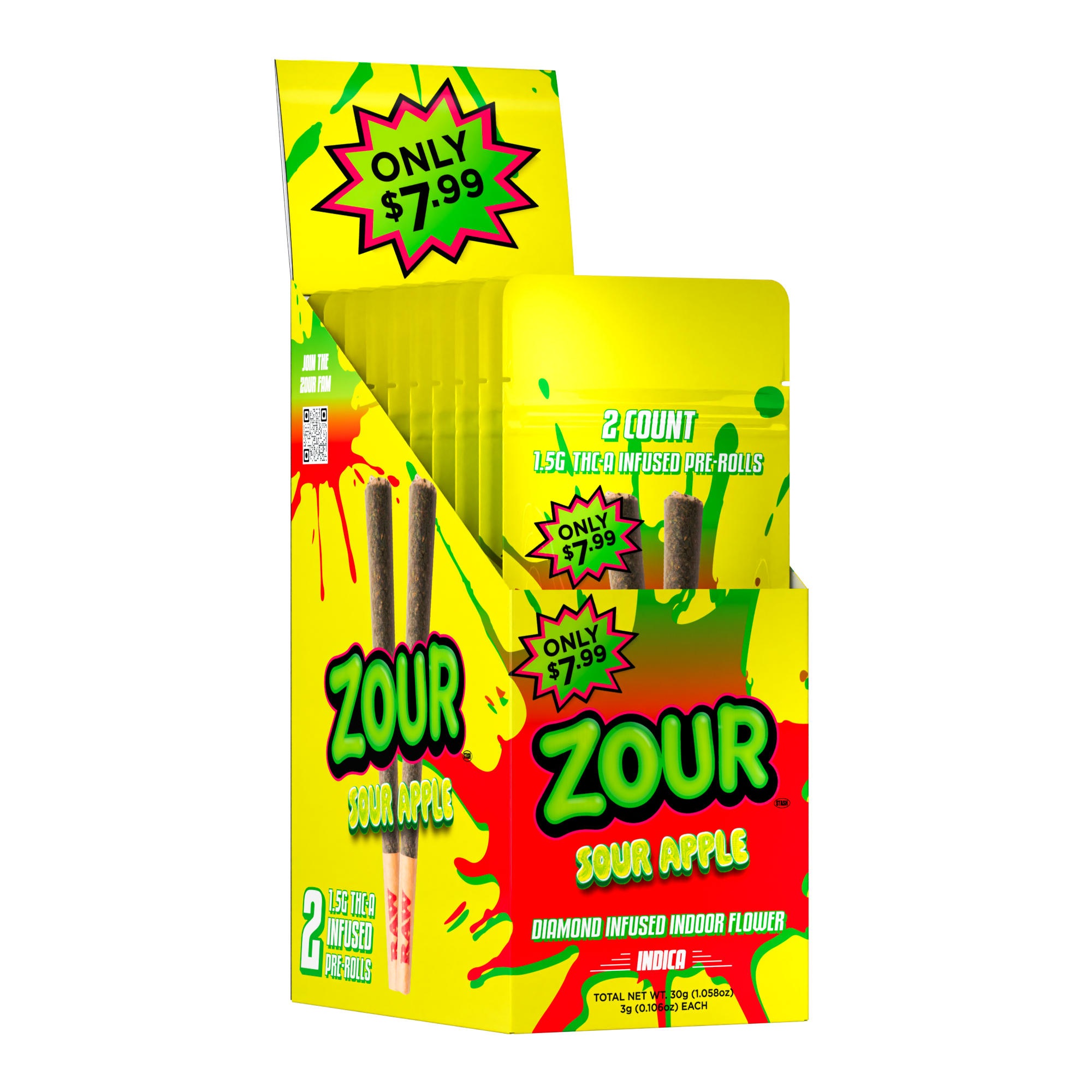 Zour Stash THCa Sour Apple 2-Pack Pre-Rolls Display box with 10 packs inside 