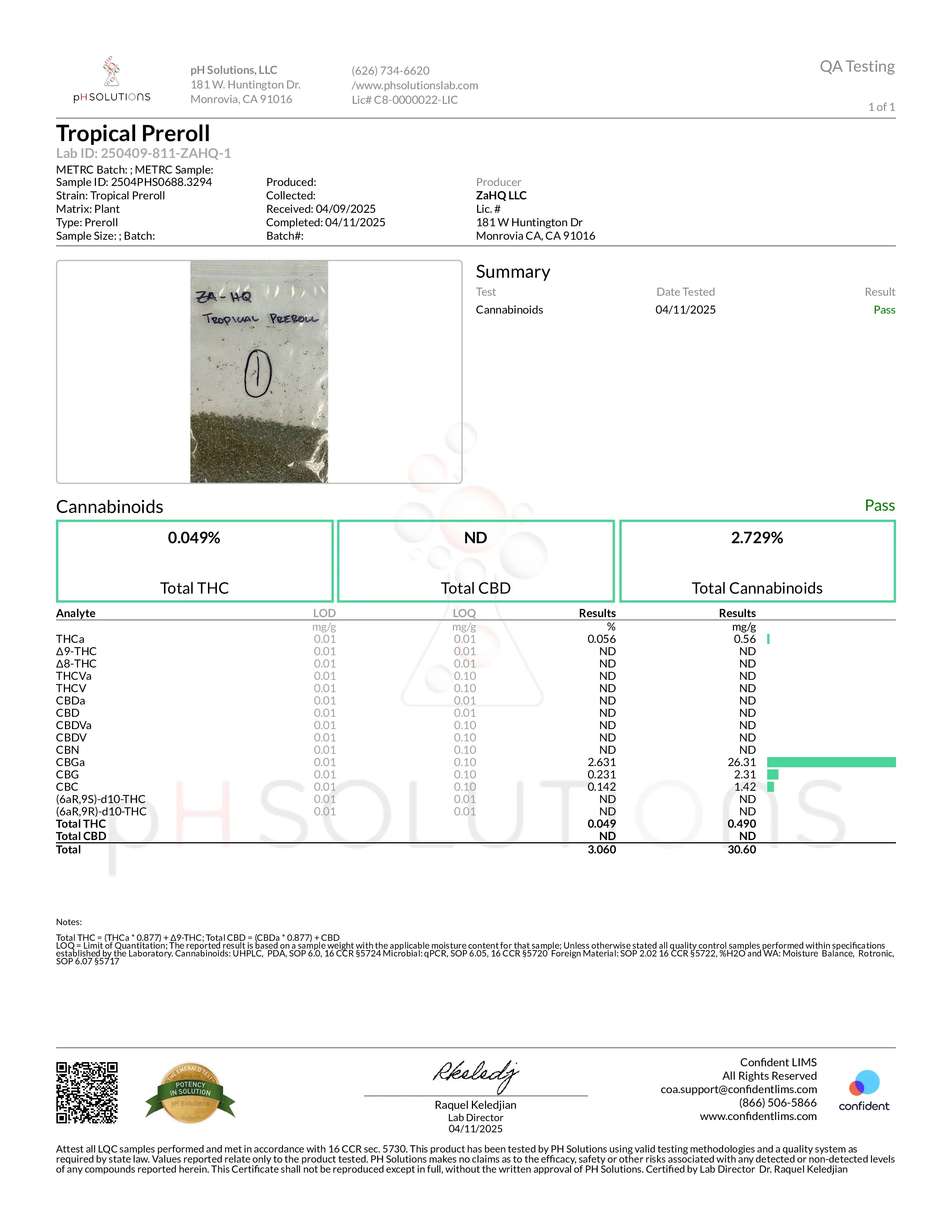 Certificate of Analysis for a Zour Stash Tropical Coated Pre-Roll