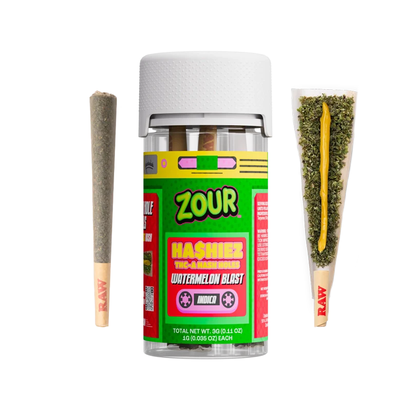 Zour Stash Watermelon Blast THCA Hashiez. A pre-roll, then the hashiez jar, and then an open pre-roll showing the hash batter core.