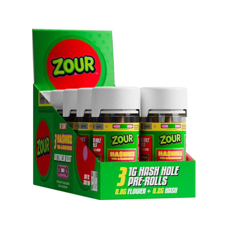 Zour Stash Watermelon Blast THCA Hashiez Display Box with 10 jars inside of the box