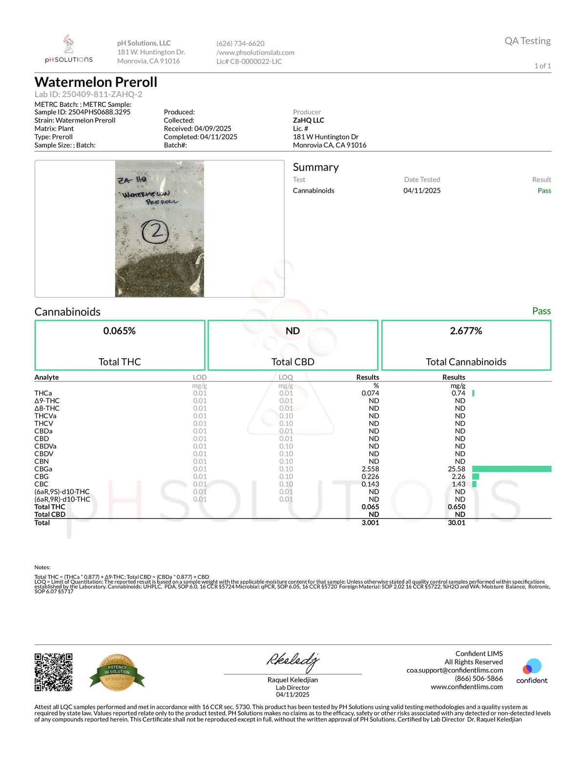 Certificate of Analysis of Zour Stash's Watermelon coated Pre-Roll