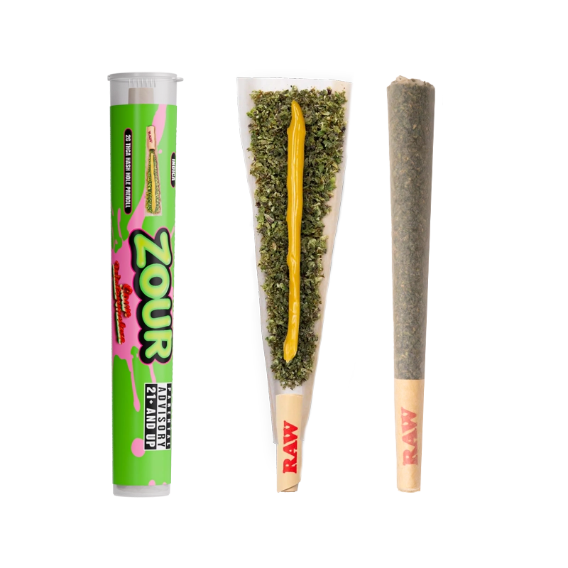 Zour Stash Watermelon THCA tube next to an open pre-roll which is then next a normal pre-roll.
