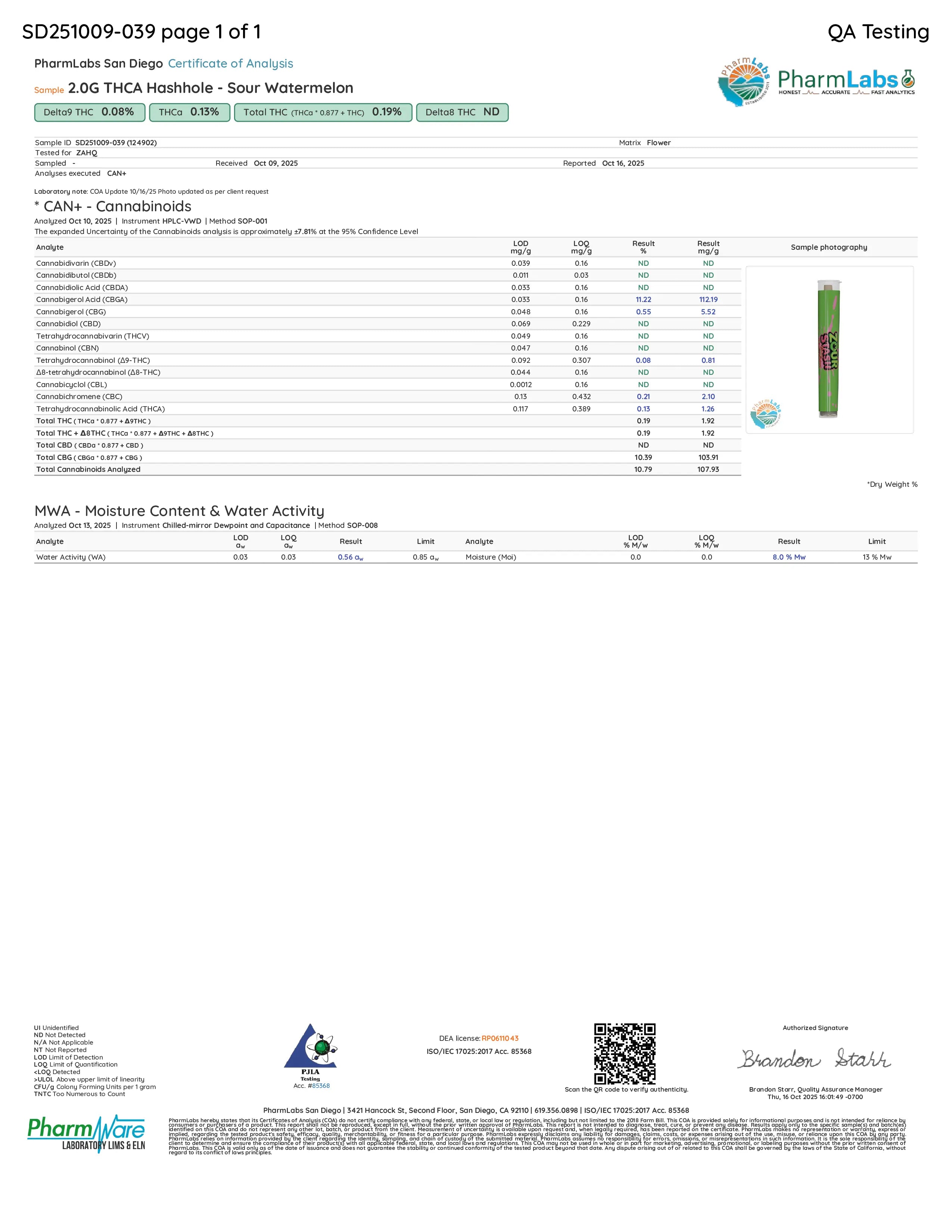 Certificate of Analysis for a Zour Stash Watermelon THCA Hash Hole Pre-Roll