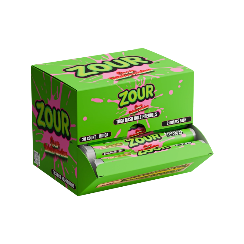 Zour Stash Watermelon THCA Hash Hole Display box showing the Hash Hole Pre-rolls inside.
